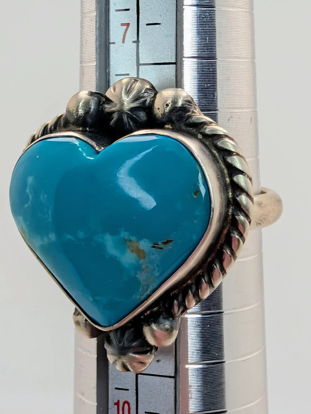 Kingman Turquoise Native Signed Adjustable Heart Ring S925 Sterling Silver